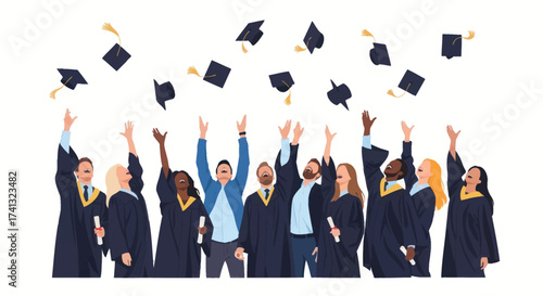 Diverse Graduates Celebrating Academic Success by Joyfully Throwing Caps.
