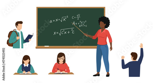 Diverse teacher instructing students with mathematical equations on a blackboard.