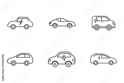 Electric Vehicles Line Art Icons Representing Sustainable Transportation and Eco Friendly Automotive Industry for a Greener Future