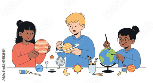 Children Crafting and Painting Solar System Models for Education.