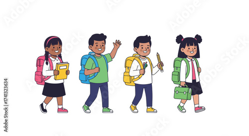 Diverse group of happy children with backpacks and books walking together.
