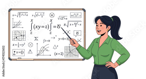 Smiling Female Teacher Explaining Math Equations on Whiteboard.