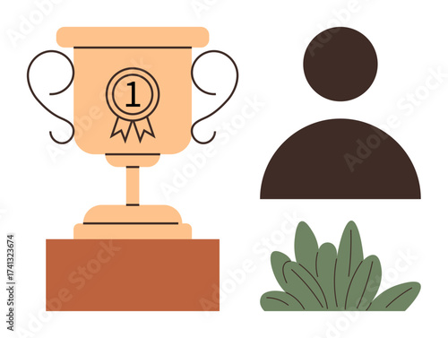 Golden trophy with ribbon, abstract person silhouette, and green leafy plant. Ideal for achievement, success, award, recognition, motivation leadership competition. Simple flat metaphor
