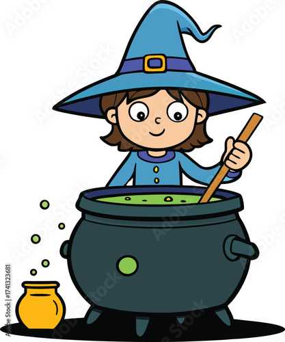 witch stirring potion in cauldron.