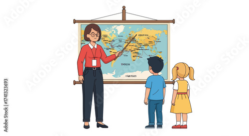 Teacher instructing students with a world map in a classroom setting.