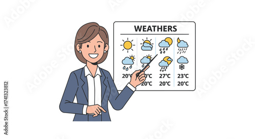Woman Presenting Weather Forecast with Pointer Cartoon Style.