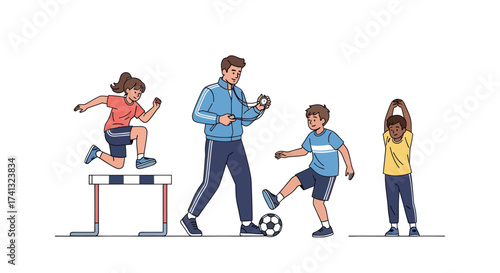 Male coach with diverse children in a physical education class doing various sports activities.