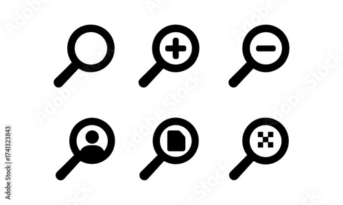 Magnifying glass icons set: search, zoom in, zoom out, user, document, qr code symbols