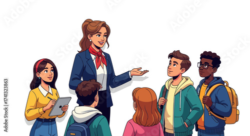 Female Teacher or Guide Explaining to Diverse Group of Students Illustration.