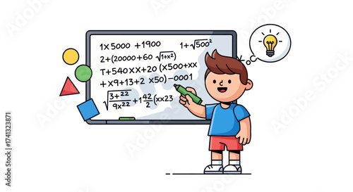 Cartoon Boy Solving Math Problems on a Whiteboard with Geometric Shapes.