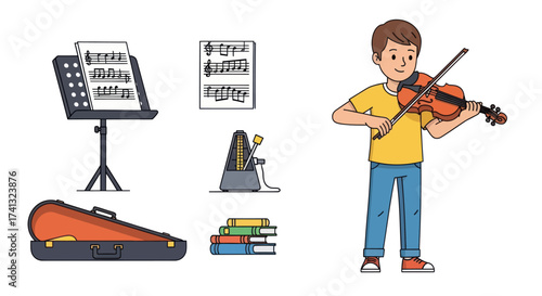 Cartoon Boy Playing Violin with Musical Accessories.