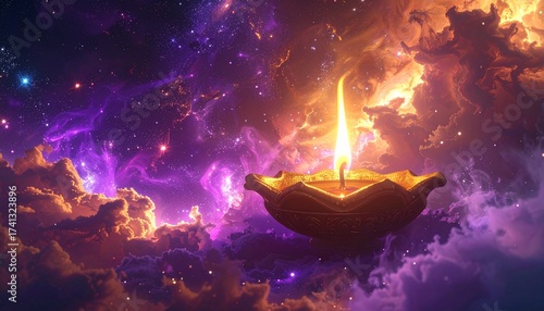 Diwali Festival Clay Lamp Glowing Among Cosmic Clouds