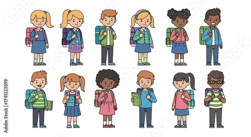 A diverse collection of cartoon elementary school children with backpacks ready for school.