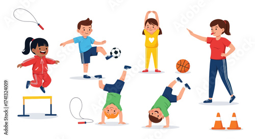 Diverse group of children engaged in various energetic sports and physical activities.