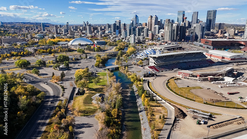 Autumn downtown skyline overlooking distant popular landmarks in Calgary Alberta Canada.
