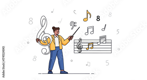 Music Teacher Conducting with Baton and Floating Musical Notes.