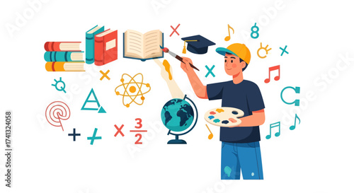 Young artist painting educational symbols and books with a palette and brush.