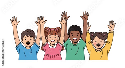 Diverse Group of Cheerful Children Raising Hands in Celebration.