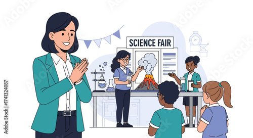 Teacher applauding students presenting a volcano experiment at a school science fair illustration.