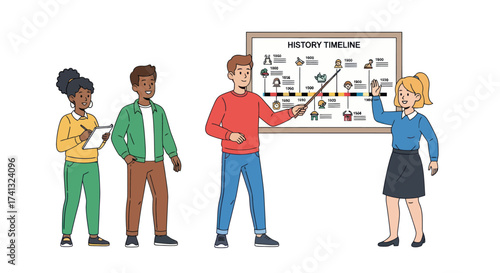 Diverse Students Learning History Timeline with Teacher.