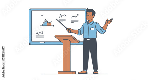 Man presenting data on a whiteboard with a pointer standing behind a wooden podium.