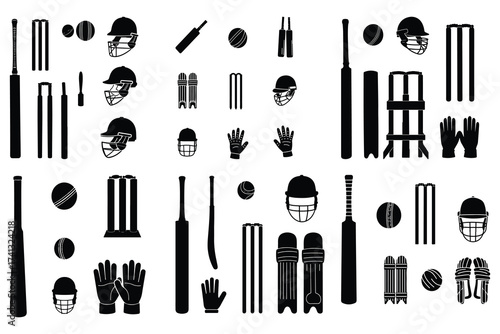 Cricket equipment collection black silhouette icons
