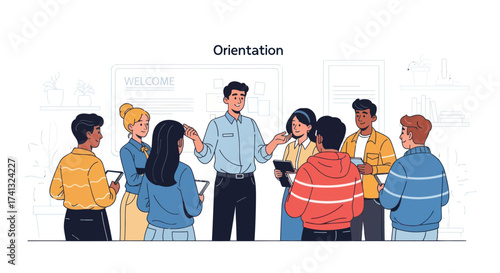 Group of People Attending an Orientation Session with a Male Presenter.