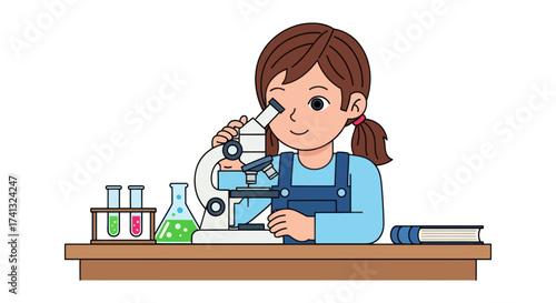 Young Girl Observing Microscope in Science Laboratory.