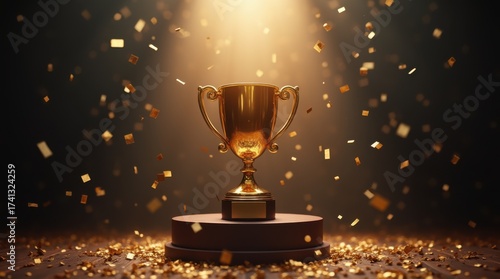 Gold trophy on podium with confetti falling and spotlight beam across stage, triumphant ceremony moment, bold celebratory atmosphere, crisp metallic shine, clean composition