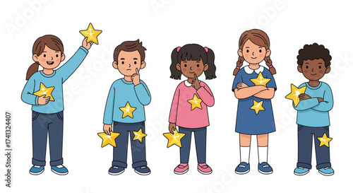 A diverse group of illustrated children showing different emotional reactions to receiving gold stars.