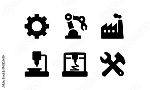 Industrial icons set featuring machinery tools and factory symbols in black silhouette style