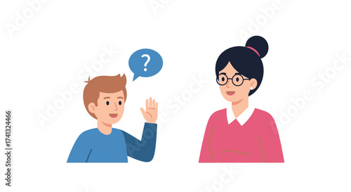 Boy Asking Question to Woman with Glasses Speech Bubble.