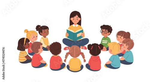 Teacher reading a book to a diverse group of children sitting in a circle.