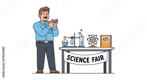 Enthusiastic Man Clapping at a Science Fair Table Display.