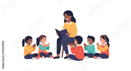 Diverse Children Listening to Teacher Reading Storybook in Classroom.