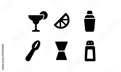 Minimalist beverage icons: cocktail glass, citrus slice, shaker, spoon, jigger, salt