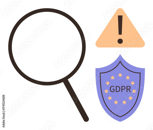 Magnifying glass, warning triangle, GDPR shield symbolizing data security, privacy, regulation, compliance. Ideal for cybersecurity, legal, protection privacy rights digital ethics IT policies
