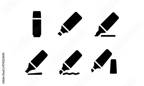 Silhouette highlighters icon set: flat black marker designs for creative projects