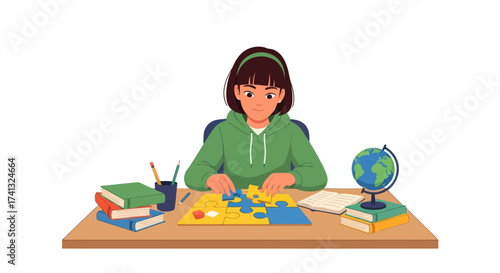 A young girl in a green hoodie focused on assembling a colorful jigsaw puzzle at her desk.
