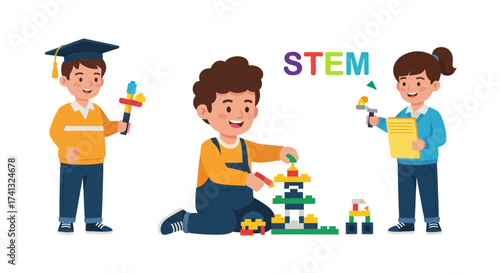 Smiling diverse children engaged in STEM education with building blocks and toys.