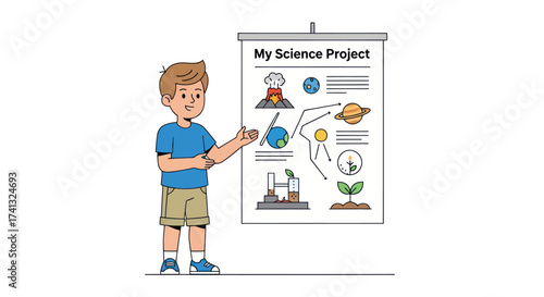 Boy Presenting His Science Project with Diagrams and Explanations on a Whiteboard.