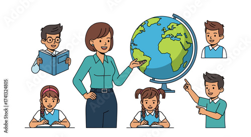 Teacher with Globe and Students in Classroom Illustration.