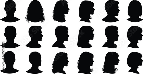 Human head silhouettes, male and female profiles, people face side view, black portrait collection, vector illustration, communication, diversity, identity, design