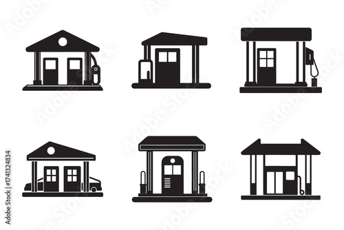 Gas Station Icons Collection of Simple Black Silhouettes Representing Fuel Services and Automotive Needs Vector Illustration