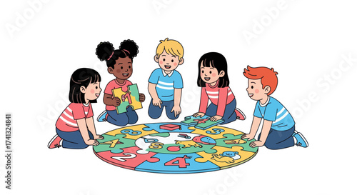 Diverse Group of Children Assembling a Colorful Puzzle Together.