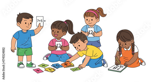 Diverse Young Children Learning Math with Number Cards.