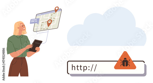 Woman interacts with digital map via tablet, observing cyber threat icon near cloud background. Ideal for technology, cybersecurity, navigation, online safety, threats, malware, data protection