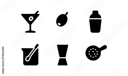 Six simple cocktail icons: martini, shaker, olive, mixing tools in black silhouette design