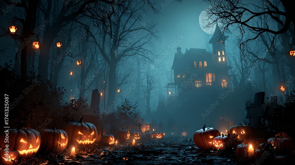 Fototapeta premium Spooky house on halloween night. Haunted house in night scary forest,Pumpkins, candles, gloomy atmosphere