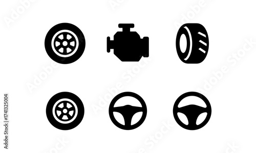 Set of car parts icons in bold black silhouette style